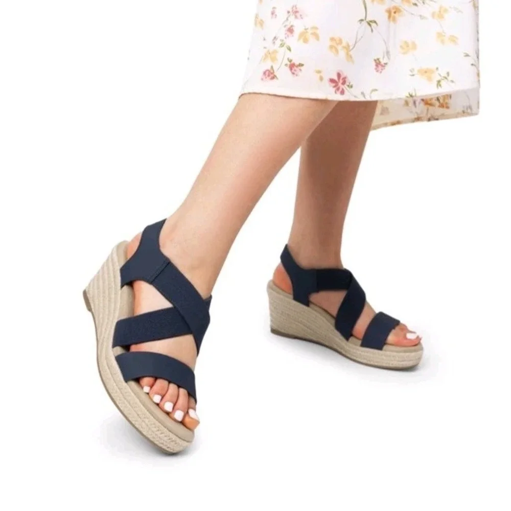 Women Elastic Ankle Strap Espadrilles Wedge Sandals Open Toe Casual Sz 7.5 Navy